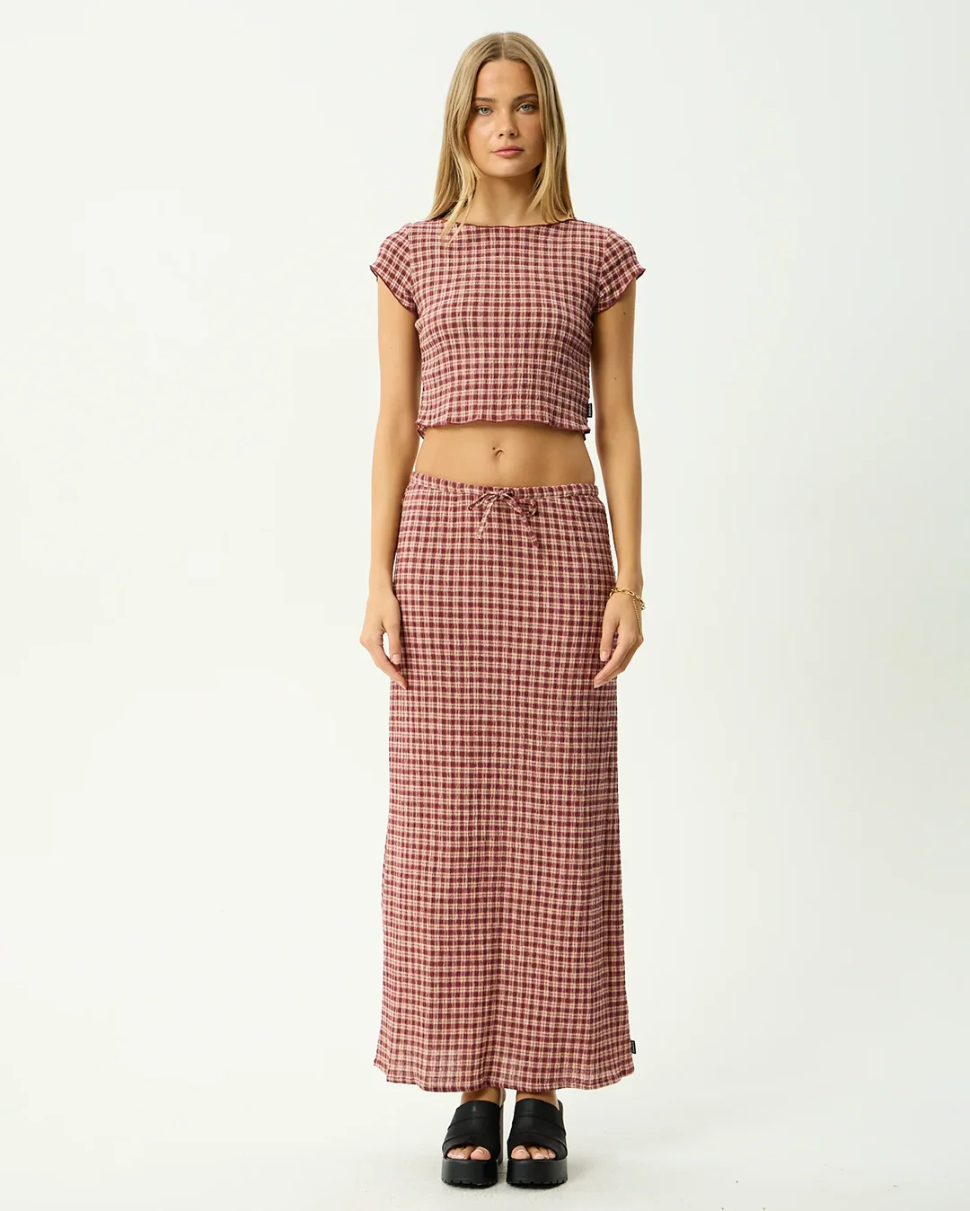 Capricorn - Seersucker Maxi Skirt - Burgundy / Beige Check - Image 4