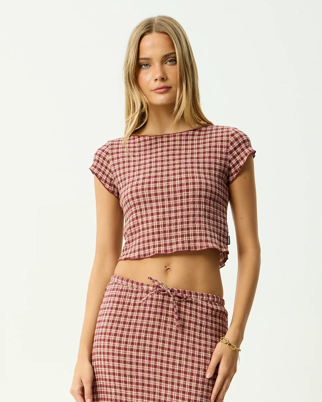 Capricorn - Seersucker Top - Burgundy / Beige Check - Image 5