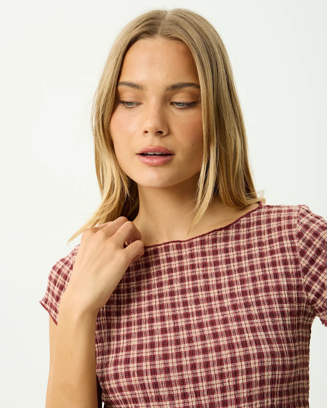 Capricorn - Seersucker Top - Burgundy / Beige Check - Image 9