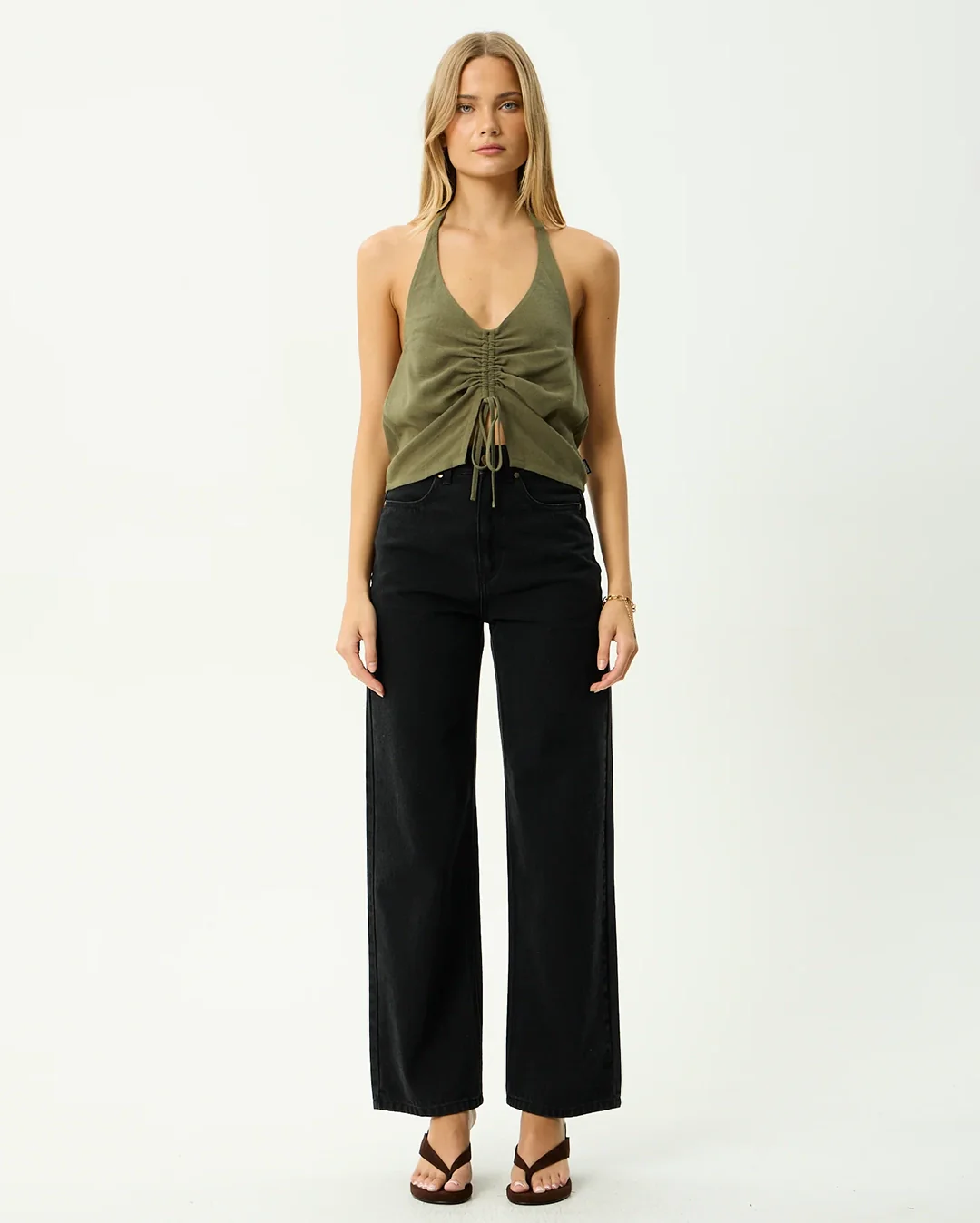 Halle - Linen Ruched Top - Deep Olive - Image 2
