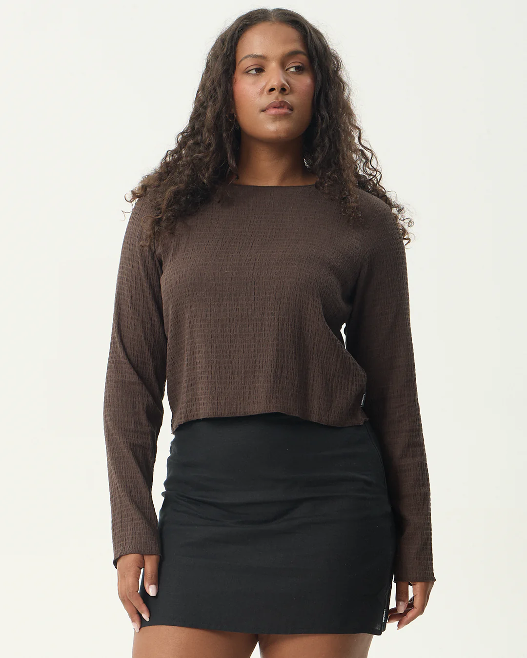 Focus - Seersucker Long Sleeve Top - Coffee - Image 4