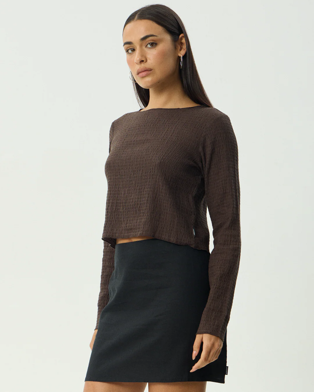 Focus - Seersucker Long Sleeve Top - Coffee - Image 5