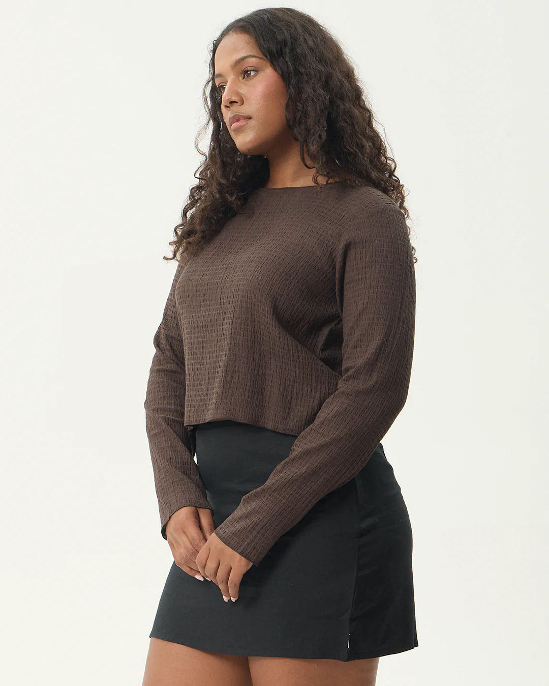 Focus - Seersucker Long Sleeve Top - Coffee - Image 6