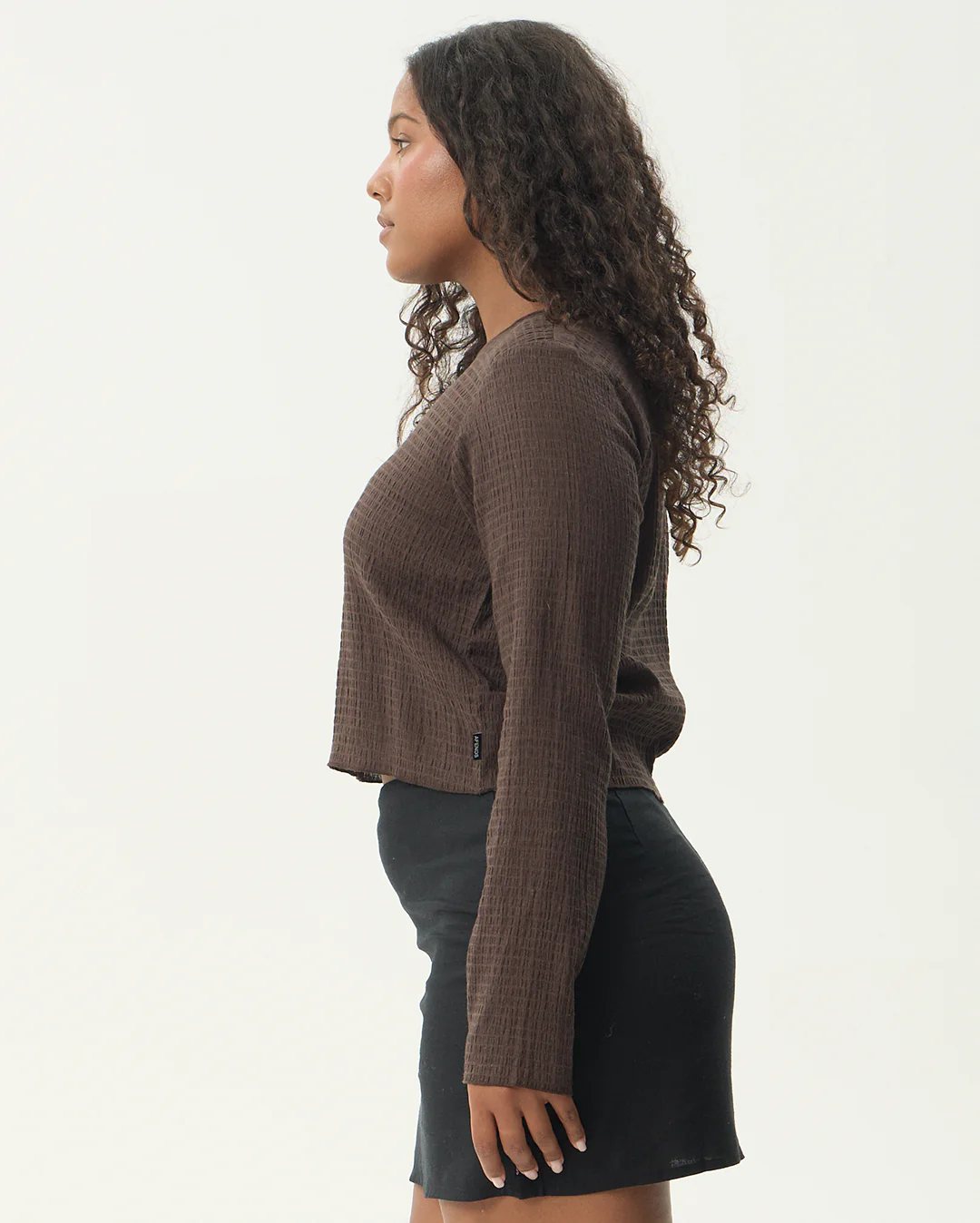 Focus - Seersucker Long Sleeve Top - Coffee - Image 8