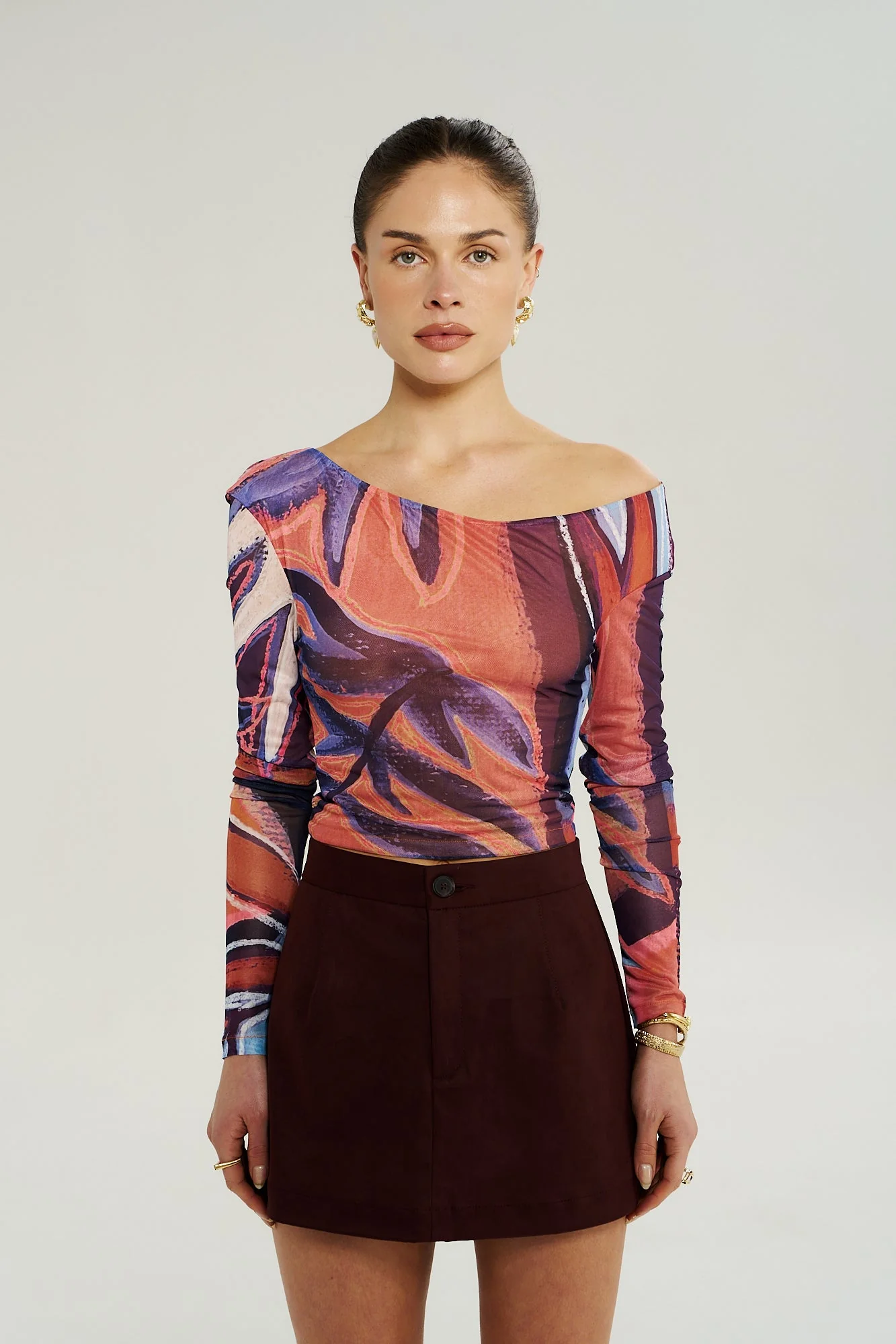 Long Sleeve Off Shoulder Top - Bordeaux - Image 2