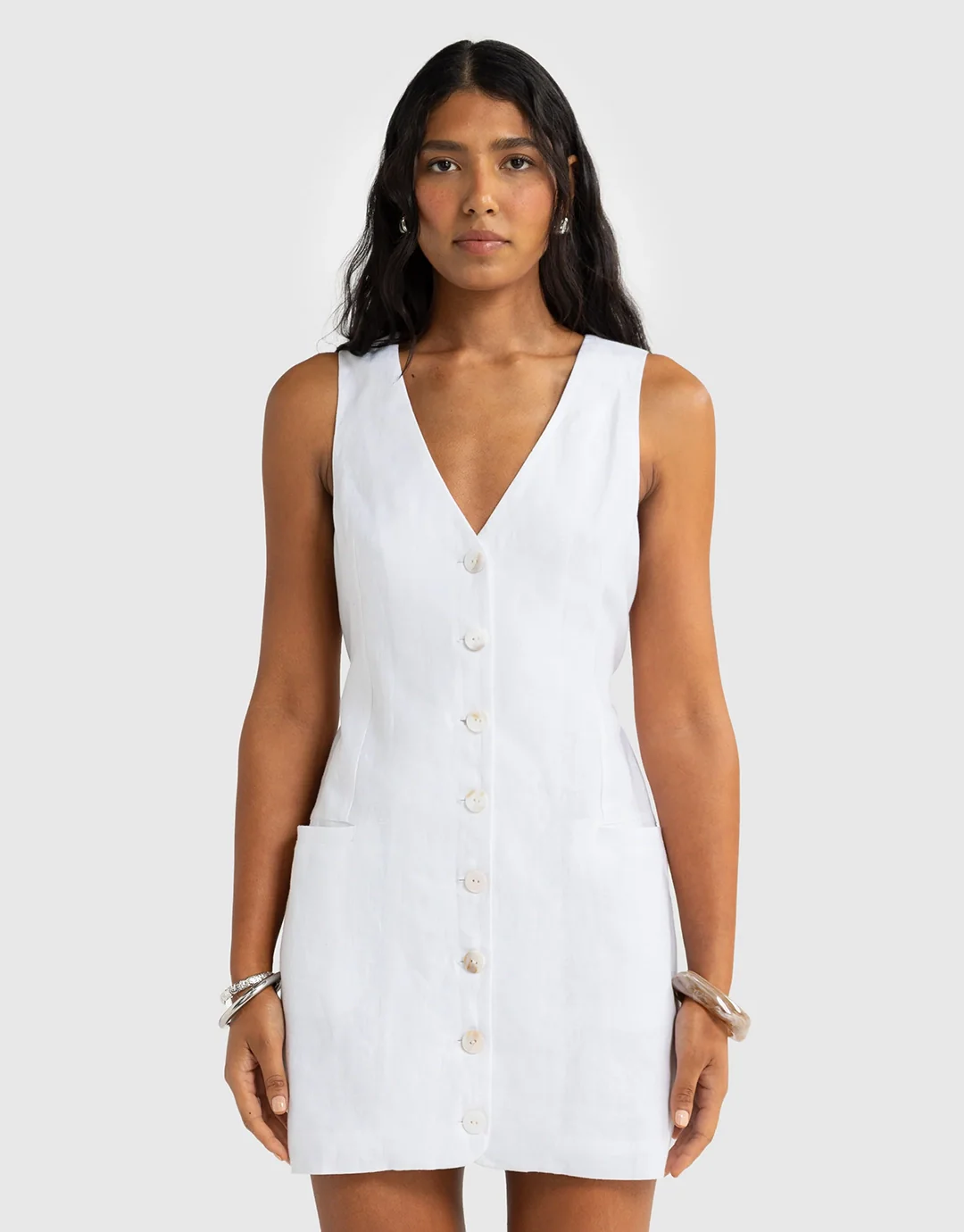 Koda Linen Mini Dress - White - Image 3