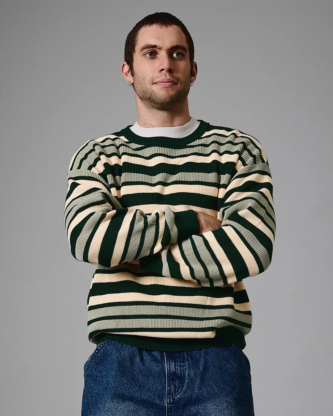 Striped Organic Knit Sweater - Dark Jade - Image 2