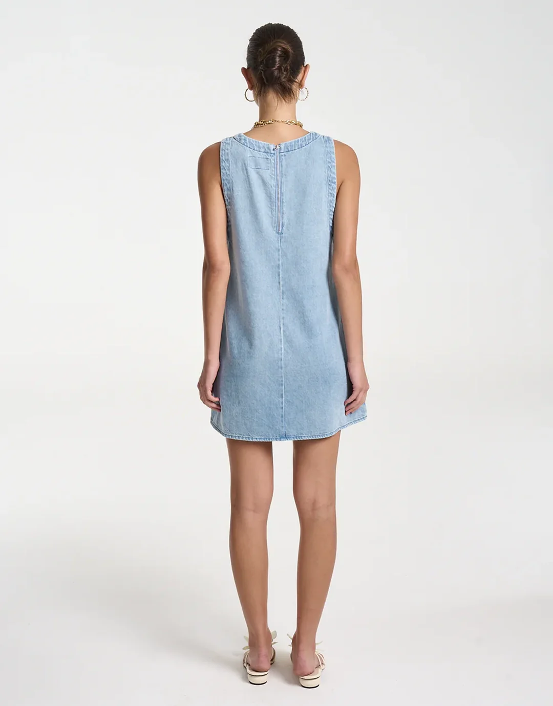Denim V Neck Shift Dress - Sky Blue Denim - Image 3