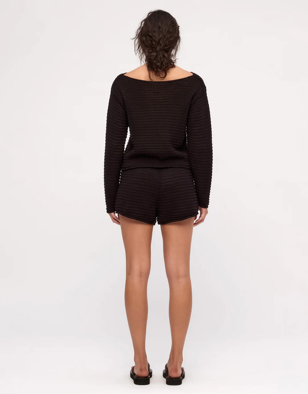 Cotton Lattice Knit Shorts - Black - Image 3