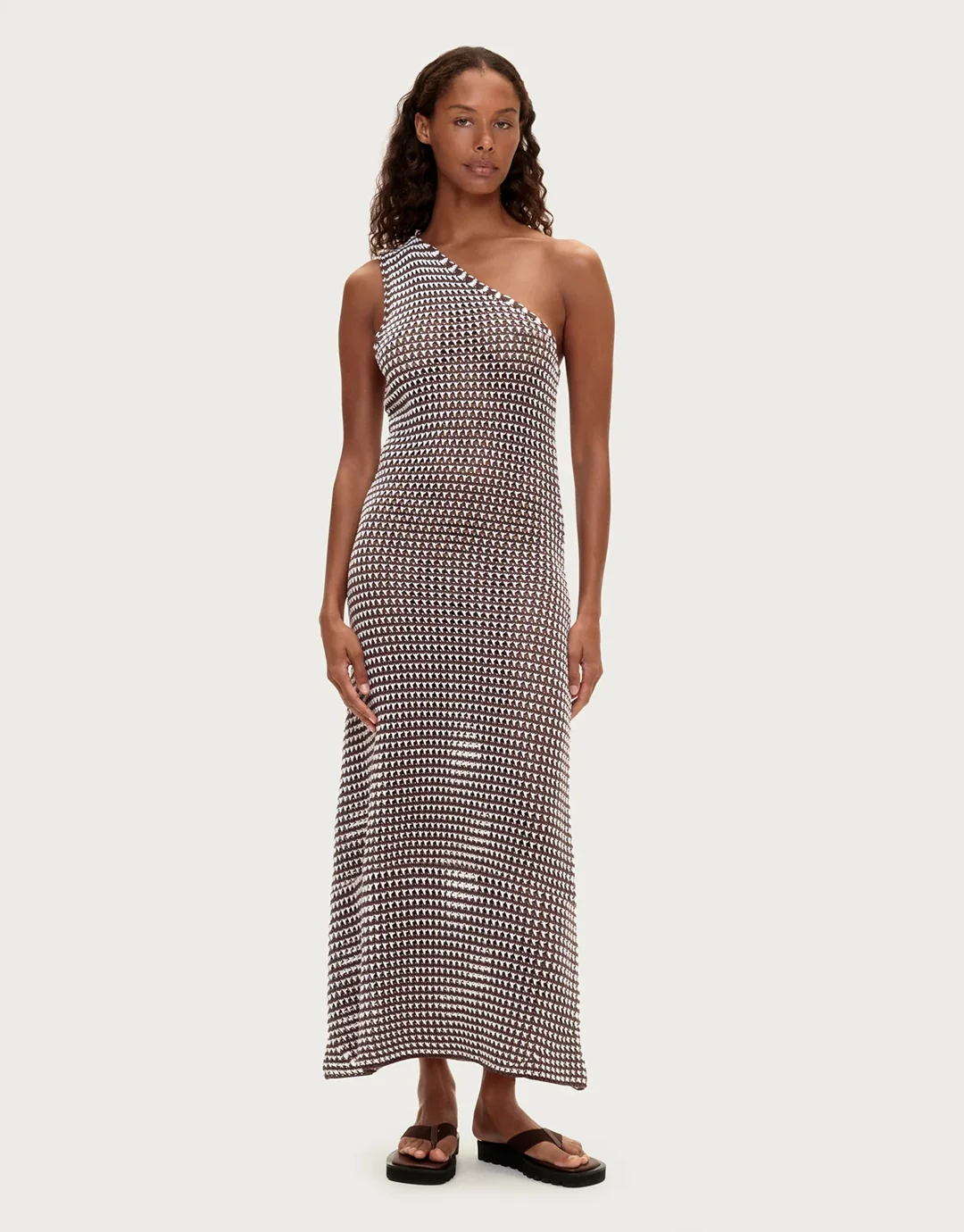 Lattice Knit One Shoulder Dress - Brown Stripe - Image 2
