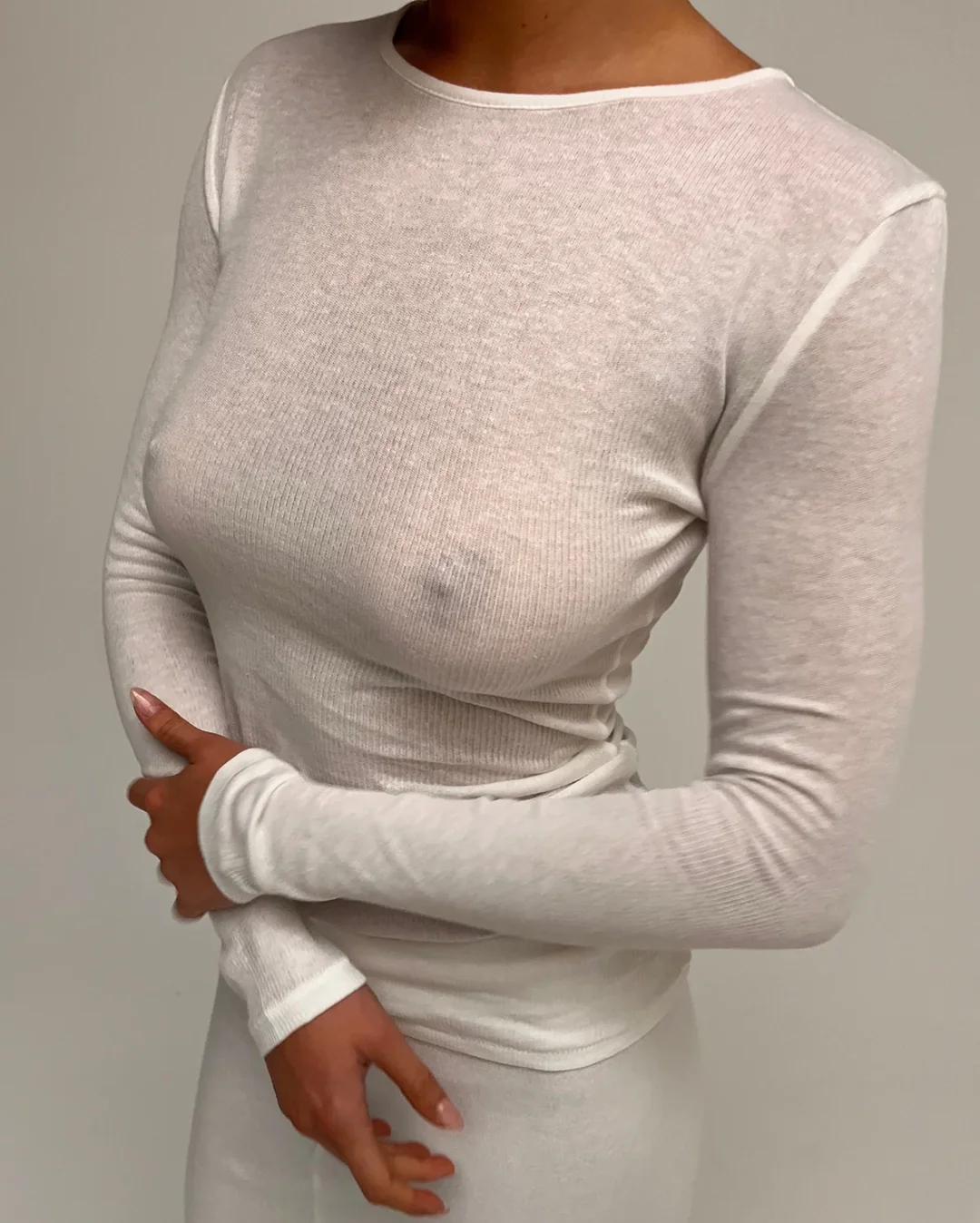 White Rib Hemp Jersey Long Sleeve Top - White - Image 5