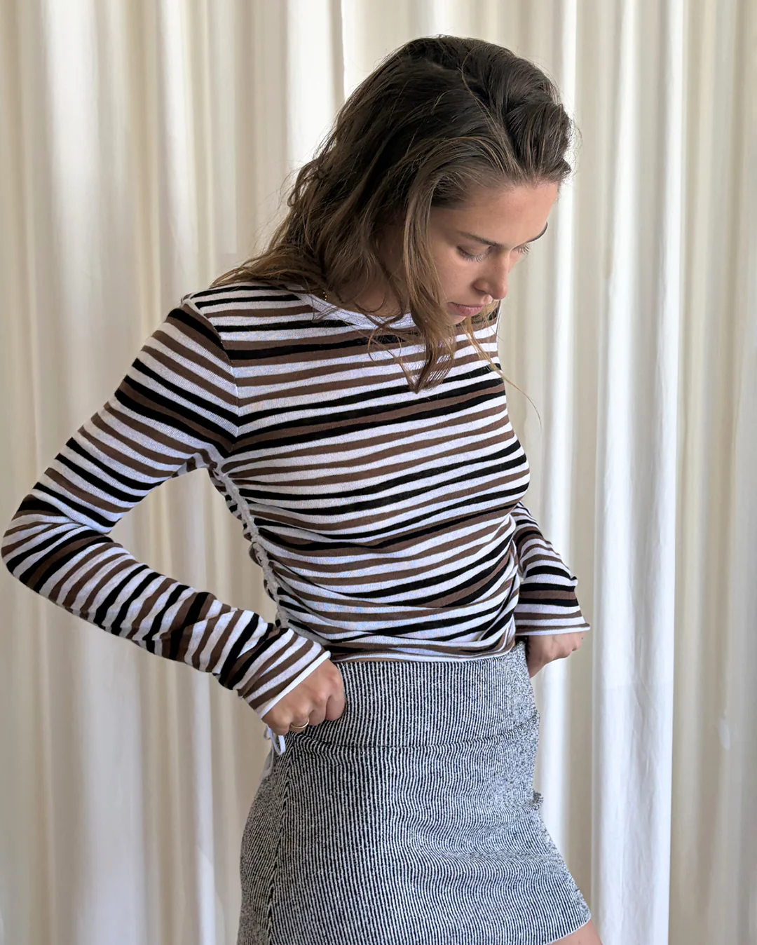 Gathered Long Sleeve Knit Top - Black Stripe - Image 4