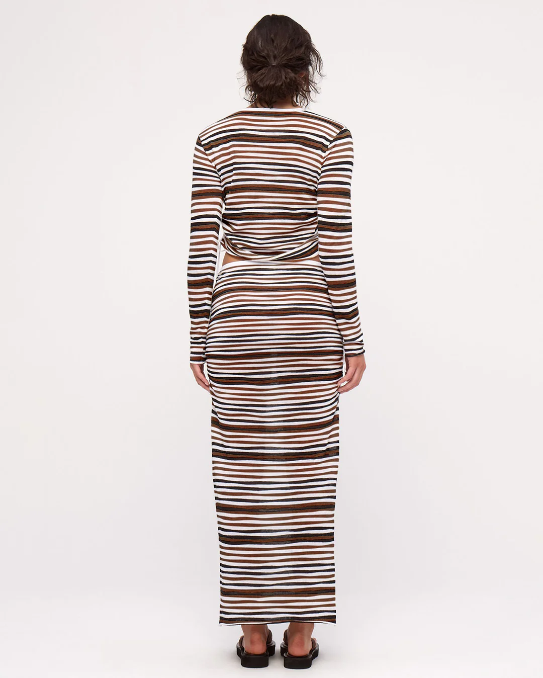 Gathered Long Sleeve Knit Top - Black Stripe - Image 5